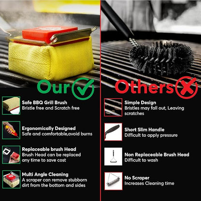 Grill Brush Bristle Free - Safe Grill Brush for Outdoor Grill, SteamWizards BBQ Grill Cleaning Brush Kit, Replaceable Head Fire Resistant Grill Scraper Tool, Dishwasher Safe, Gift for Men/Dad