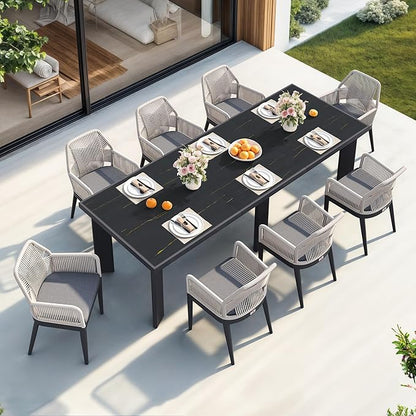 PURPLE LEAF 9 Pieces Patio Dining Set Aluminum Modern Rectangular Table and Rattan Arm Chairs with Cushions for Kitchen Porch Garden Outdoor Furniture Sets, Dark Grey