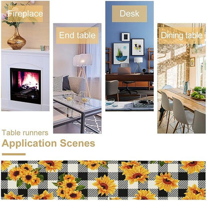 Yellow Sunflower Table Runner, Vintage Farmhouse Black White Sunshine Sunflowers Print for Autumn Farmhouse Home Kitchen Table Decoration,13x36inch
