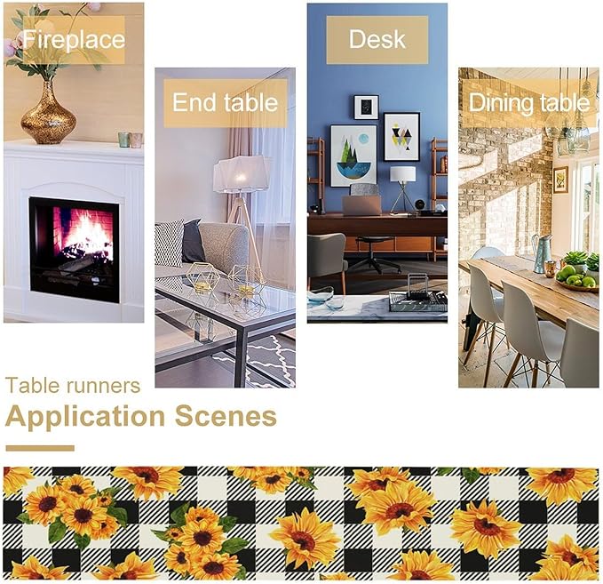 Yellow Sunflower Table Runner, Vintage Farmhouse Black White Sunshine Sunflowers Print for Autumn Farmhouse Home Kitchen Table Decoration,13x108inch