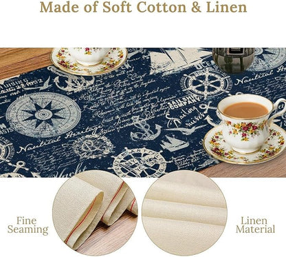 Marine Ship Table Runner, Nautical Pattern Seasonal Farmhouse Sea Rustic Kitchen Dining Table Decoration for Holiday Home Party Festival 13x36in