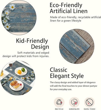 Vintage Blue Wood Panel Placemats Set of 6,White Daisy Table Mats Non-Slip Heat Resistant Washable Placemat for Party Kitchen Dining Table Decoration Indoor Outdoor