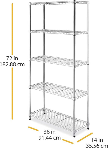 Whitmor 5 Tier Shelving Unit, Metal Storage Shelves, 400 lbs Capacity per Shelf, 2000 lbs Total, Adjustable Heavy Duty Shelf, Easy Assembly for Kitchen, Garage, Plant, 36"L x 14"W x 72"H, Chrome