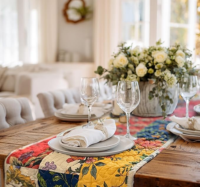 Cotton Quilted Floral Patchwork Table Runner 72 Inches Long – Handmade Farmhouse Table Runner for Dining Room, Coffee Table, or Buffet (Floral, 13*74)