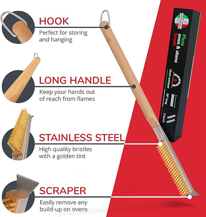 26” Pizza Oven Brush with Stone Scraper - Heat Resistant Stainless Steel Bristles, Extra Long Handle - Compatible with Ooni Ovens - Includes Spare Head