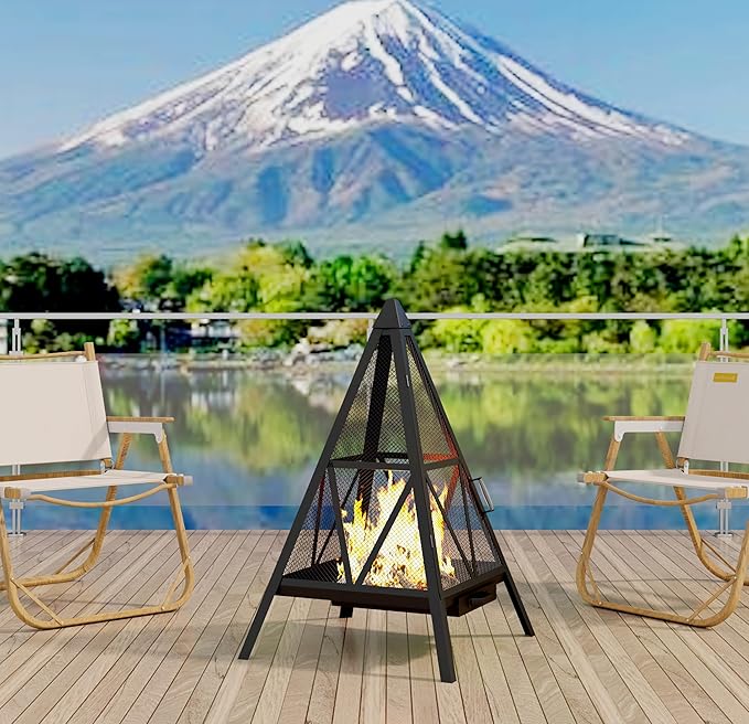 Kingson Pyramid Fire Pit, Heavy-Duty Steel Smokeless Wood Burning Fire Bowl for Outdoor Patio Garden Backyard, Bohemian & Meditation Decor