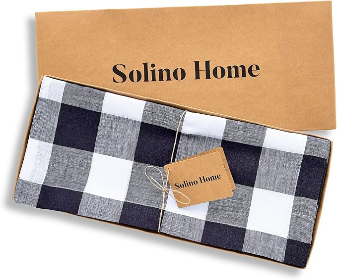 Solino Home Checkered Linen Table Runners 72 Inches Long - 100% Pure Linen Navy and White Buffalo Check Table Runner 14 x 72 Inch Ideal for Dresser, Dining, Winter