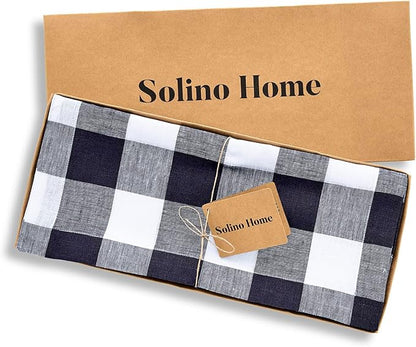 Solino Home Linen Checkered Table Runners 90 Inches Long - 100% Pure Linen Buffalo Check Navy and White Table Runner 14 x 90 Inch Ideal for Dining, Winter