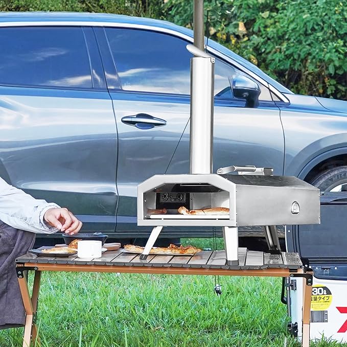 VEVOR Dual Fuel Pizza Oven Outdoor, 12 Inch Wood Fire & Propane Gas Pizza Oven, Pellet & Propane Pizza Maker with Thermometer, Foldable Leg, Stainless Steel Pizza Cook for Outside Camping & Backyard