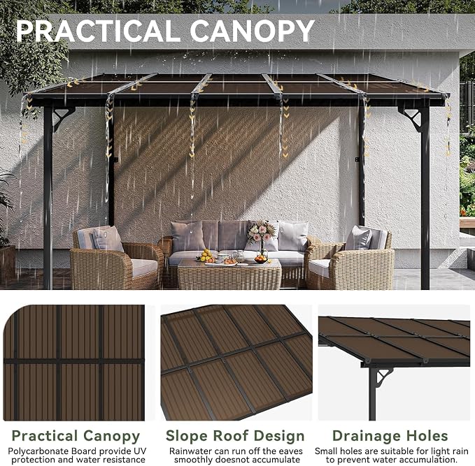 Aoxun 12’x10’ Gazebo with Light, Gazebo Pergola with Sloped Roof, Wall Mounted - Image 4