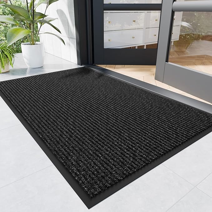 Front Door Mat, 4' x 3' Heavy Duty Indoor Outdoor Door Mat Entrance, Commercial Welcome Mats, Stain and Fade Resistant, Durable Rubber Backing, Low Profile Entry Mat for Patio, Black Stripe