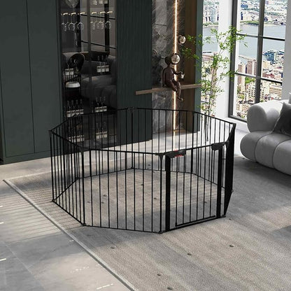 8-Panel Configurable Metal Safety Gate Play Yard - 200" Adjustable Pet Fence with Walk-Through Door for Stairs, Fireplace, Christmas Tree - Indoor Foldable Child Barrier, Black