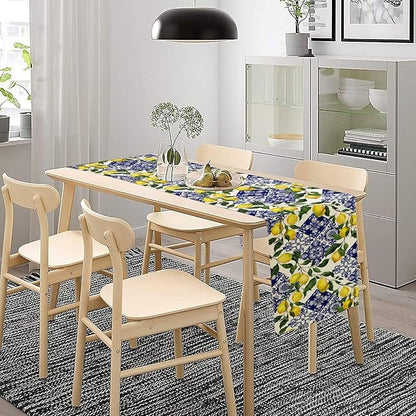 Lemon Fruit Nature Table Runner Farmhouse Talavera Ethnic Folk Rustic Watercolor Blue Dining Table Decoration for Home Holiday Party Dresser Kitchen Cabin Restaurant Wedding Decor 13×70in