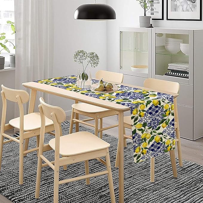 Lemon Fruit Nature Table Runner Farmhouse Talavera Ethnic Folk Rustic Watercolor Blue Dining Table Decoration for Home Holiday Party Dresser Kitchen Cabin Restaurant Wedding Decor 13×90in