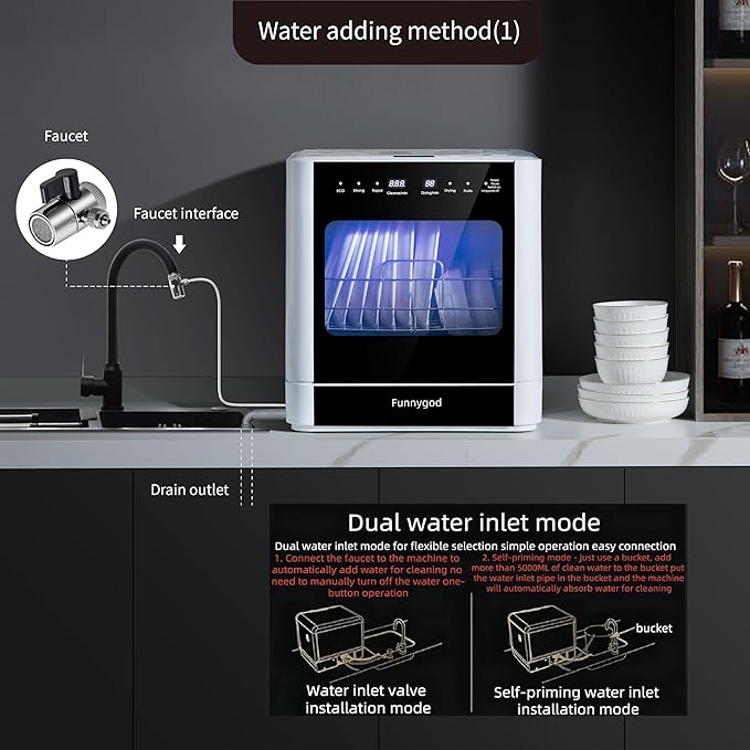 Countertop dishwasher, portable dishwasher, fully automatic, with 4 cleaning modes automatic water suction drying and disinfection functions can be connected to a faucet or bucket for use