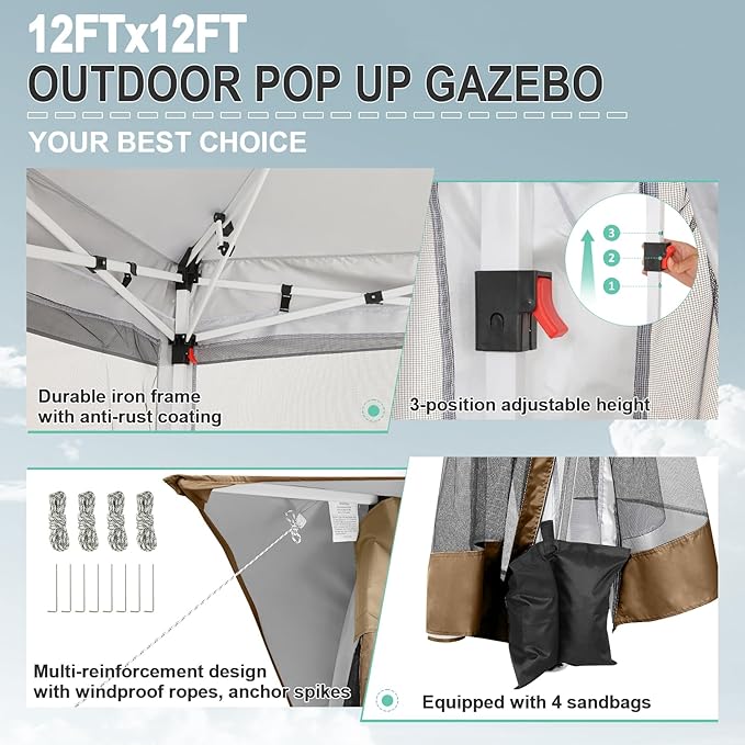 COBIZI 12x12 FT Pop up Gazebo on Clearance Canopy Tent, Carpas para Patio - Image 2
