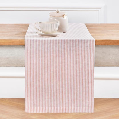 Solino Home Linen Table Runner 72 Inches Long - Narrow Stripe, 100% Pure Linen Peach and White Table Runner 14 x 72 Inch for Dining, Dresser, Valentines, Spring, Easter