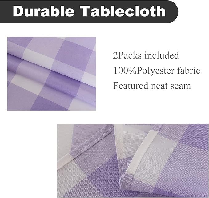 Cupuamon 2 Pack Waterproof Polyester Fabic Rectangle Checkered Tablecloth，60x102 Outdoor Table Cloth，Oil Stain Prevention Table Cloth for Pinics and Parties（Lavender and White）