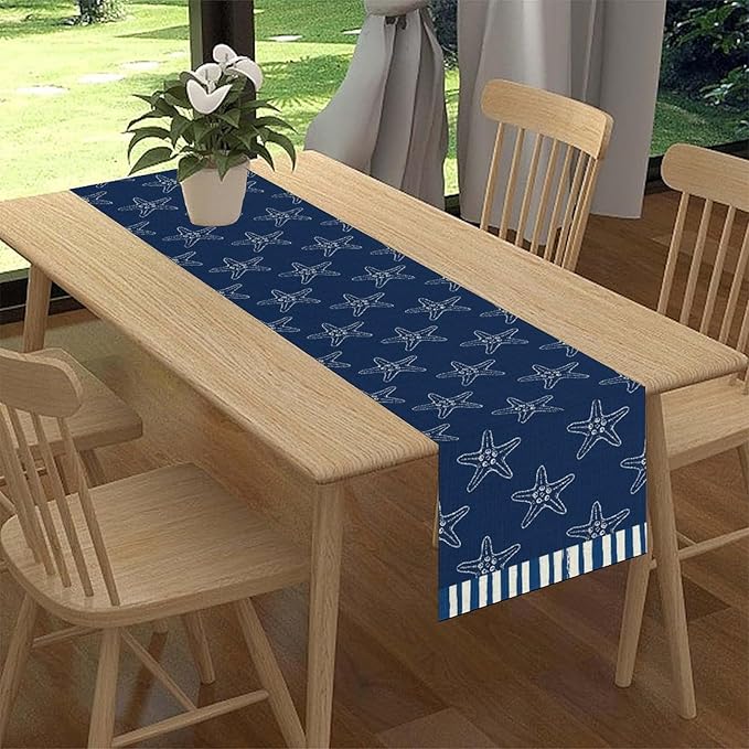 Starfish Table Runner, Summer Coastal Navy Blue Nautical Tropical Rustic Farmhouse Coffee Table Center Decor for Home Kitchen Dining Patio Holiday Party Table Decorations 13"x72"