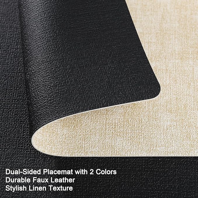 Myir JUN Dual Sided Faux Leather Placemats Set of 6 Indoor/Outdoor Square Non-Slip Washable Table Mats (Cream-White Black, Set of 6)