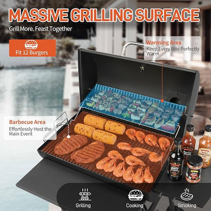Outvita Barrel Charcoal Grill with Warming Rack, Outdoor BBQ Grill with Side Front Table with Nearly 564 Sq.In. Cooking Grid Area for Backyard Patio Picnic Parties Camping, Black