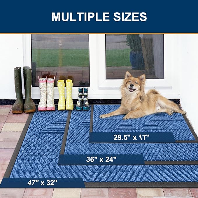 Smiry Front Door Mat Outside Entrance, Heavy Duty Sturdy Natural Rubber Doormat, Trap Dirt and Moisture, Easy Clean Low Profile Mats for Indoor Outdoor Entry, Irregular Triangle (36x24, Blue)