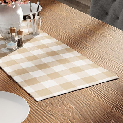 Encasa XO Cotton Dining Table Runner | Buffalo Beige Checks | Size 13x36 in - Machine Washable & Durable