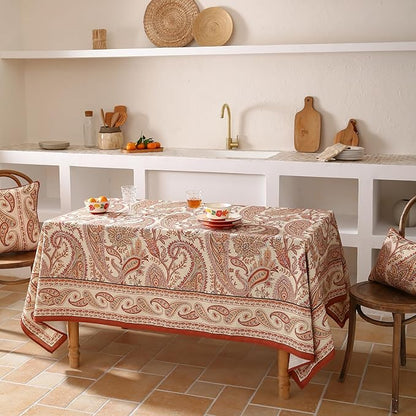 ISAENNE Designer French Red Extra Long Tablecloth Rectangle,Linen Table Cloth with Cashew Pattern,Stain Proof Decor Tablecloths for Dining Thanksgiving Kitchen Christmas,63"*110"-Chauffrey D