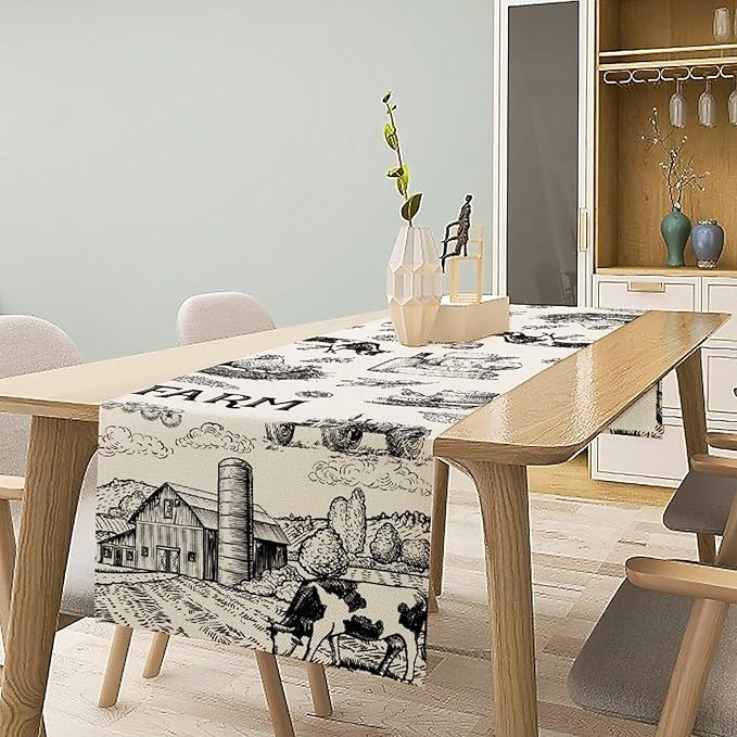 Milk Farm Table Runner, Rustic Farmhouse Animals Fresh Eggs Bread Vegetables Print Table Runner for Farmhouse Kitchen Decor Party Picnic Holiday Dinner, 13x60inch
