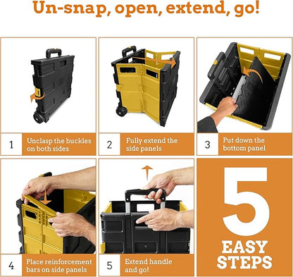 Inspired Living Ultra-Slim Rolling Collapsible Storage Pack-N-Roll Utility-carts, with Telescopic Handle, for Home, Garden, Shopping, Office, School use, Medium, Yellow & Black