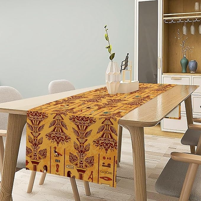 Egyptian Table Runner, Rustic Egypt Mythology Pharaohs African Hieroglyphs Old Alphabetic Table Runner for Kitchen Dining Room Farmhouse Party Banquet 13x70in