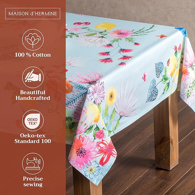 Maison d' Hermine Table Cloth Rectangle Table 100% Cotton 70 x 90 Inches Tablecloth Reusable Decorative for Dining Room, Farmhouse, Home, Party, Festive & Wedding Spring Summer - Jardin D'Ete - Mint