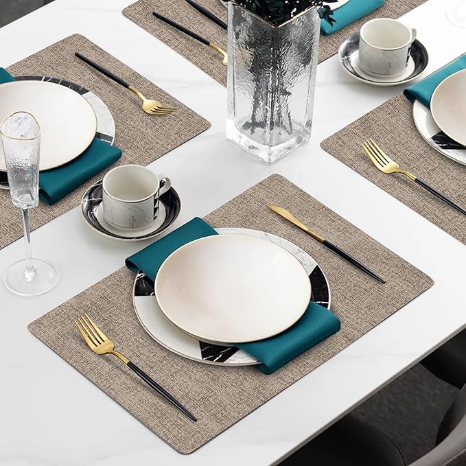 Faux Leather Heat Resistant Placemats Set of 8 – Waterproof Oilproof Wipeable Dining PU Vinyl Place Mat Easy Clean Table Mats for Kitchen/Dining/Party/Holiday, Khaki