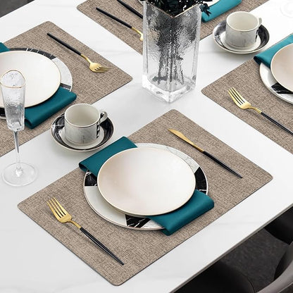 Faux Leather Heat Resistant Placemats Set of 8 – Waterproof Oilproof Wipeable Dining PU Vinyl Place Mat Easy Clean Table Mats for Kitchen/Dining/Party/Holiday, Khaki