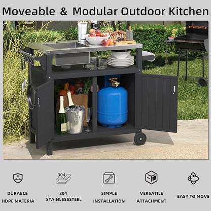 TORVA All in One Outdoor Grill Cart with Sink,Cabinet and Cover, 42 inch Freestanding Modular Kitchen Sink Station in 304 Stainless Steel&HDPE, All Weather Use BBQ Table, Grey