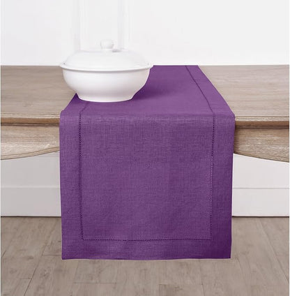 Solino Home Linen Purple Table Runner 144 Inches Long - 100% Pure Linen Extra Long Table Runner 14 x 144 Inch for Valentines, Spring, Easter - Classic Hemstitch