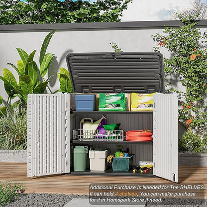 HOMSPARK Storage Shed Weather Resistance, Multi-Purpose Outdoor Storage Cabinet for Backyards and Patios, Horizontal Storage Shed for Lawnmower, Patio Accessories (Off-White, Large - 48 cu.ft)