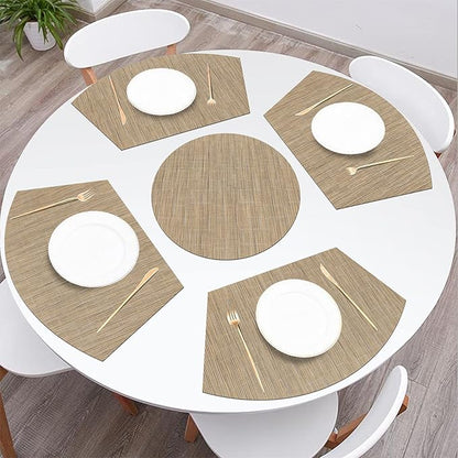 SHACOS Large Size Wedge Placemats with Centerpiece Mat Set of 5, PVC Woven Vinyl Placemats for Round Table Washable Indoor Outdoor Table Mats Reversible Durable, Tan
