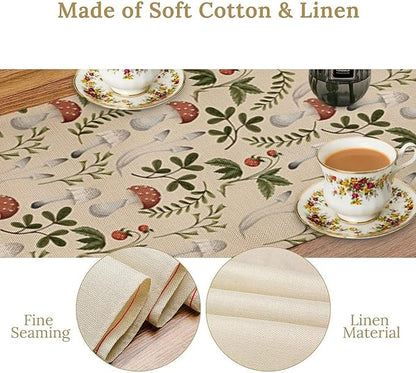 Mushroom Table Runner,Vintage Rustic Boho Botanical Plant Print Tablerunner for Home Kitchen Dining Coffee Table Indoor Outdoor Party Decor 13x90in