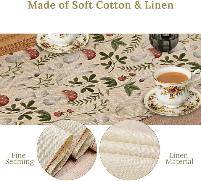 Mushroom Table Runner,Vintage Rustic Boho Botanical Plant Print Tablerunner for Home Kitchen Dining Coffee Table Indoor Outdoor Party Decor 13x60in
