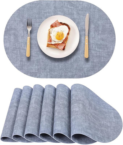 Leather Placemats Set of 6 Non Slip,Oval Blue Faux Leather Placemat Waterproof Reversible,Heat Resistant Wipeable Table Placemats for Dining Table,Modern Table Protectors