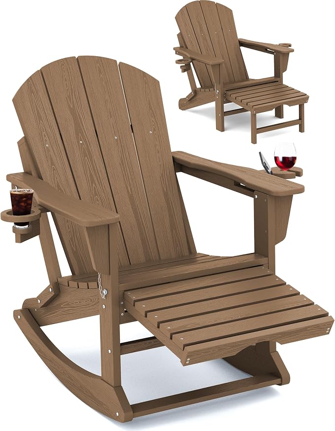 Adirondack Rocking Chair with Ottoman and Cup Holders | HDPE Porch Rocker by KINGYES