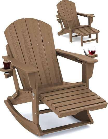 Adirondack Rocking Chair with Ottoman and Cup Holders | HDPE Porch Rocker by KINGYES