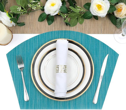 SHACOS Large Size Wedge Placemats with Centerpiece Set of 5, PVC Woven Vinyl Place Mats for Round Table Washable Indoor Outdoor Table Placemats, Blue