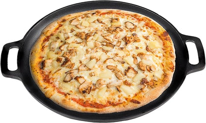 Sunnydaze 13.75-Inch Pre-Seasoned Cast Iron Pizza Pan with 2 Side Handles for Cooktop, Oven, and Grill