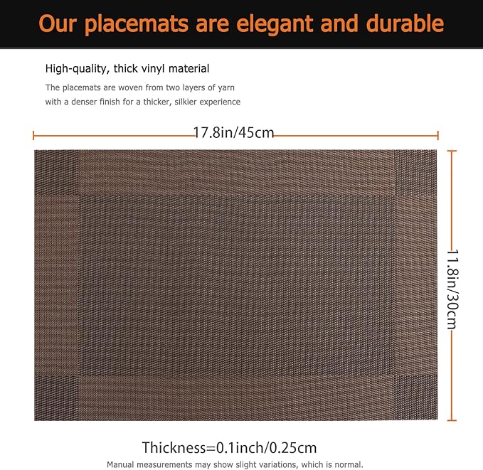 Placemats Set of 8 Washable&Wipeable Place mats for Dining Table Kitchen Indoor Outdoor Table Mats Heat Resistant Non Slip Woven Vinyl Table Placemats (Brown，8PCS)