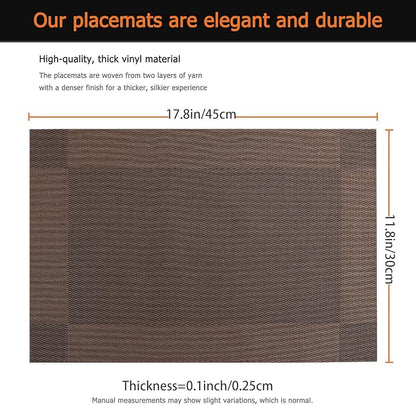 Placemats Set of 12 Washable&Wipeable Place mats for Dining Table Kitchen Indoor Outdoor Table Mats Heat Resistant Non Slip Woven Vinyl Table Placemats (Brown，12PCS)