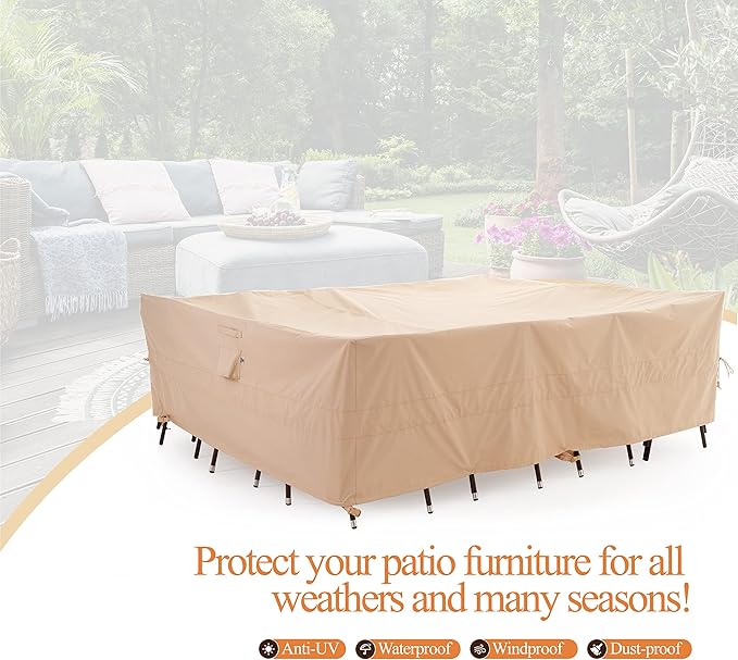 WJ-X3 Extra Large Patio Furniture Set Covers Waterproof, Outdoor Table Cover Heavy Duty, Lawn Sectional Set Cover Anti-Fading, High Wind Resistant, Anti-UV, 180W x 96D x 36H Inches, Beige