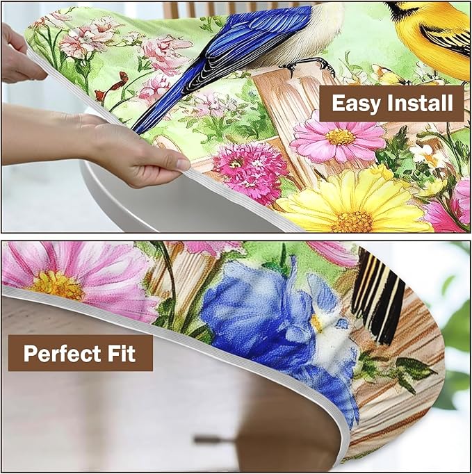 Spring Birds Floral Round Fitted Tablecloth with Elastic Colorful Flower Butterfly Circle Table Cloth for 44-48" Round Tables Wipeable Waterproof Farmhouse Easter Table Cover for Outdoor Picnic Dining