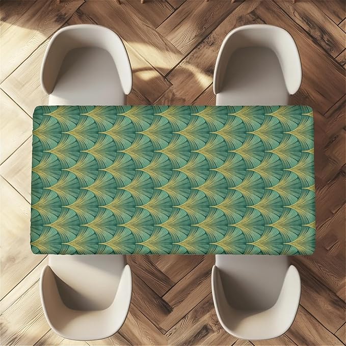Rectangle Table Cloth Cover Waterproof Elastic Fitted Polyester Fitted Tablecloths for 6 Foot Tables for Indoor,Picnic, Camping, Outdoor （72" x 30"，Green Sector Geometry）